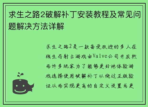 求生之路2破解补丁安装教程及常见问题解决方法详解